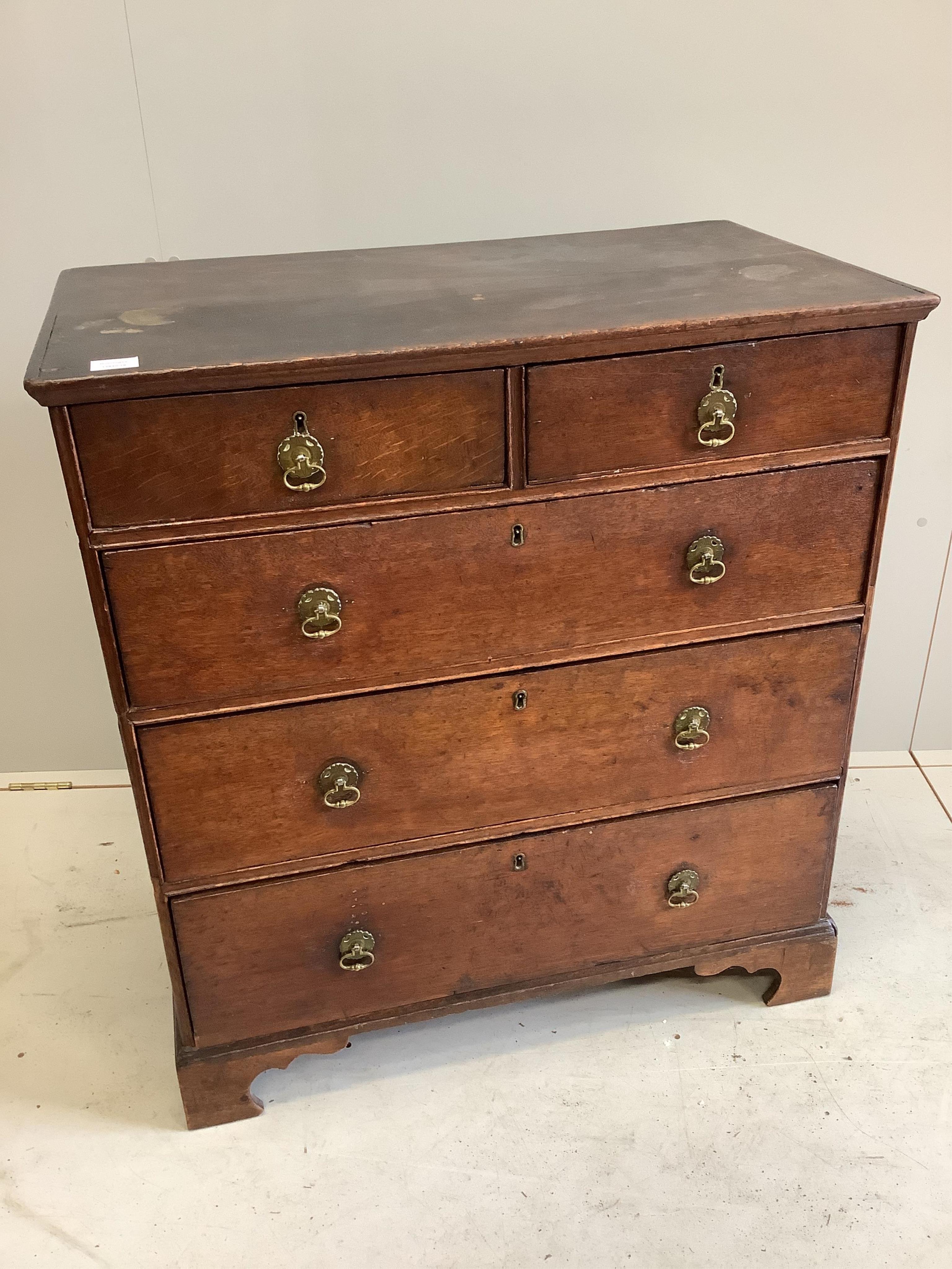 A mid 18th century oak chest, width 87cm, height 94cm. Condition - fair to good